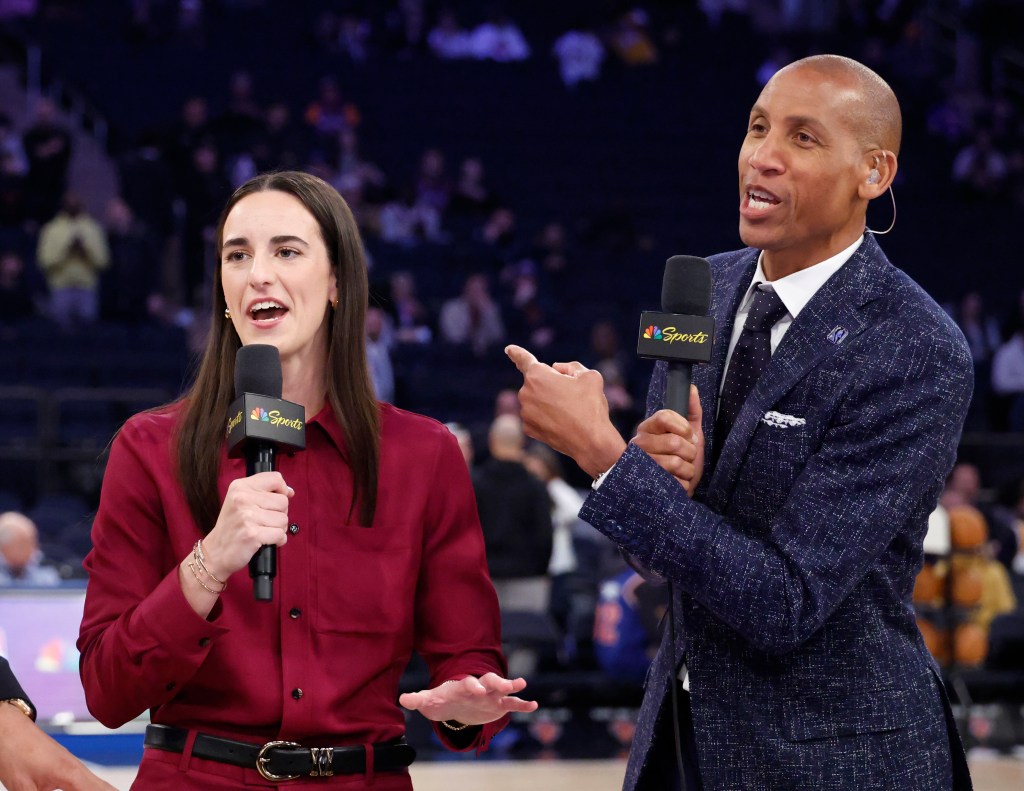 Caitlin Clark and Reggie Miller hold microphones with the NBC Sports logo.