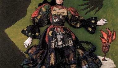 an editorial flat-lay portrait by Szilveszter Makó of a woman in an ornate gown. the background consists of a checkered floor and two dimensional silhouettes of a man and arms reaching for her