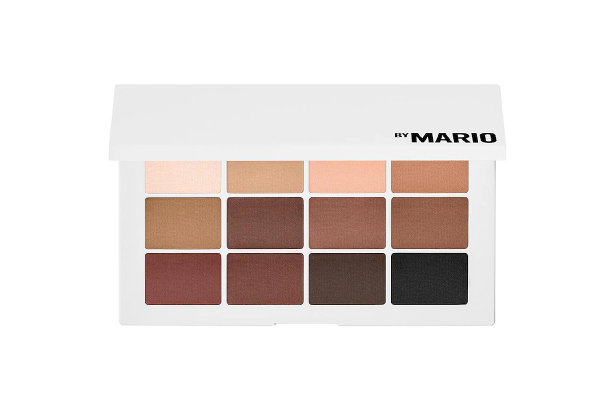Master Mattes Eyeshadow Palette by Mario with 12 rectangular shades of eyeshadow ranging from light nude to black.