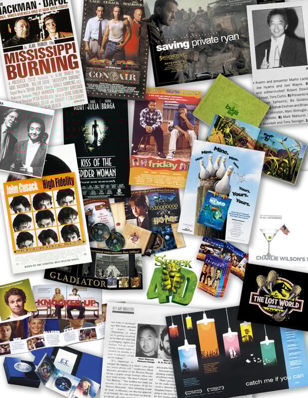 A collage of film posters, books, and memorabilia, including “Saving Private Ryan,” “Mississippi Burning,” “High Fidelity,” “Gladiator,” “Shrek 4D,” and “The Lost World,” arranged with photos and documents.