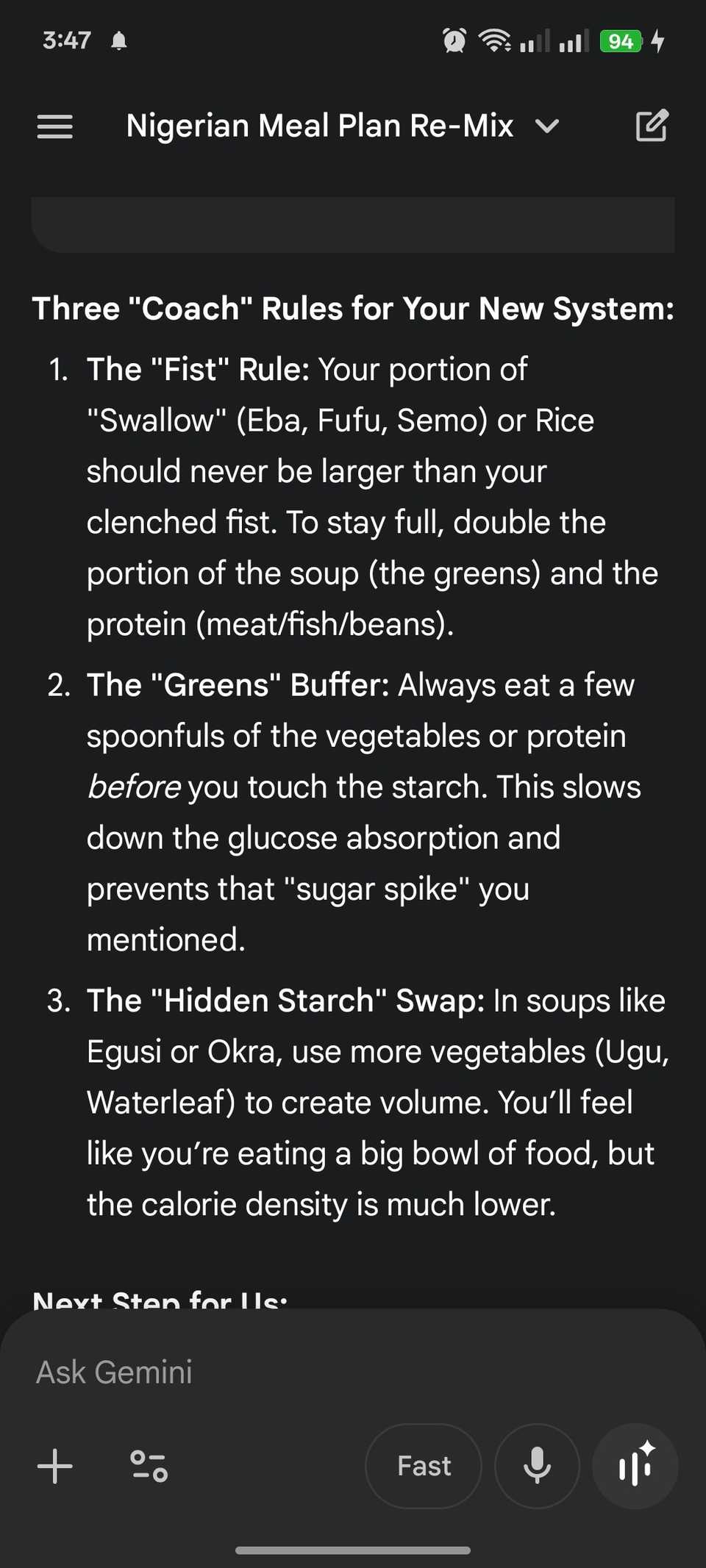 Gemini gives user meal rules and tips after generating 7-day timetable