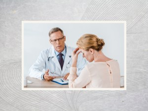 Woman frustrated at doctor's office after explaining her perimenopause symptoms to no avail.