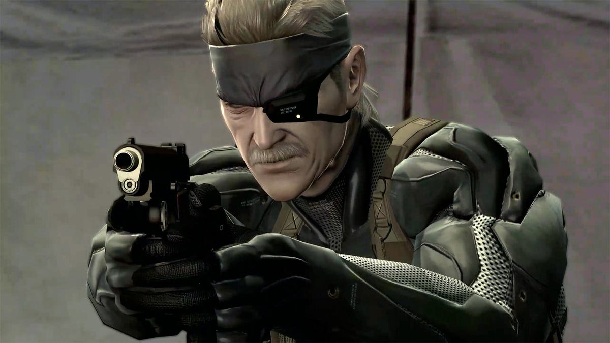 An old man with an eyepatch and mustache points a gun toward the camera.