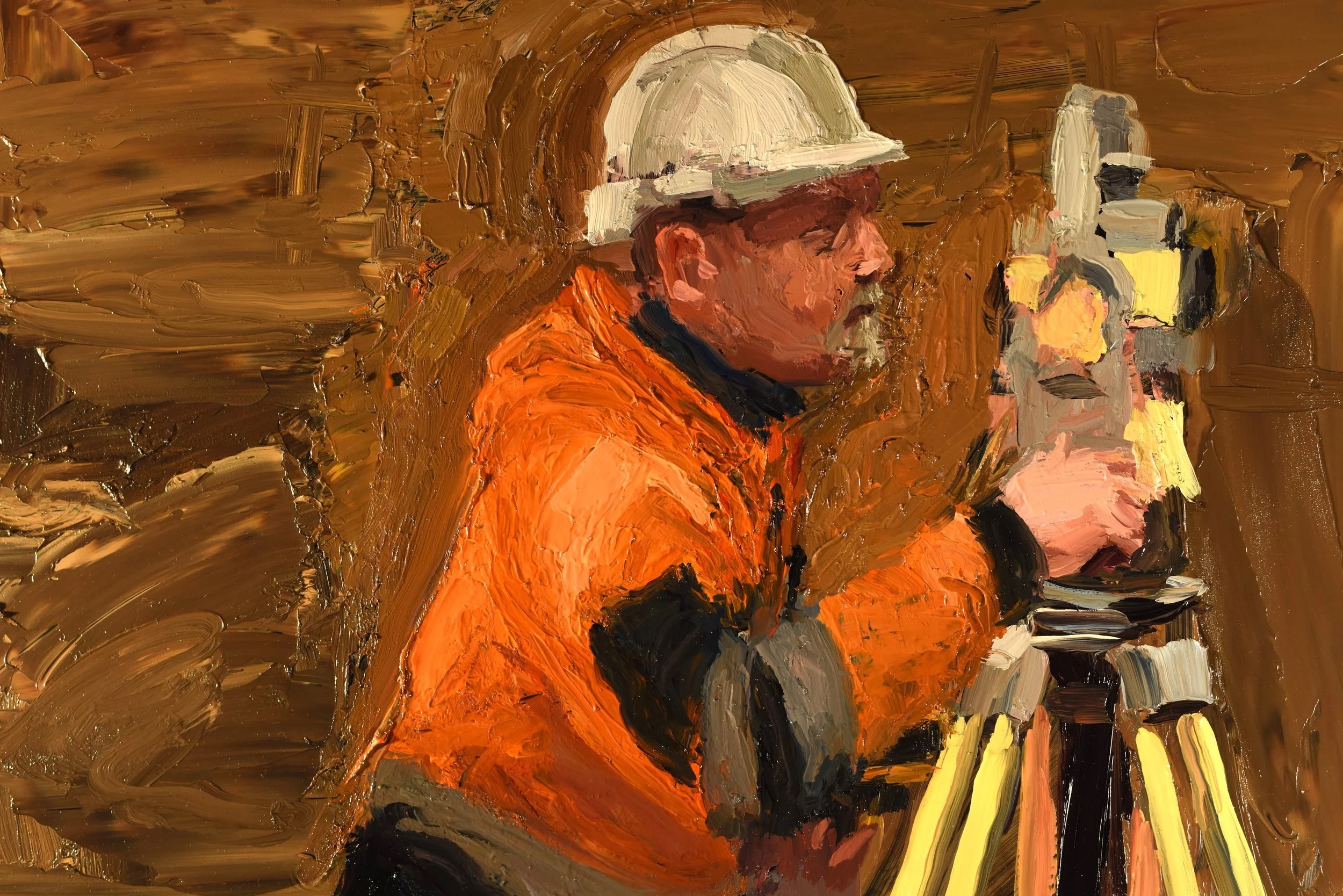 a painting by Jason Mitcham of a man in a construction hat