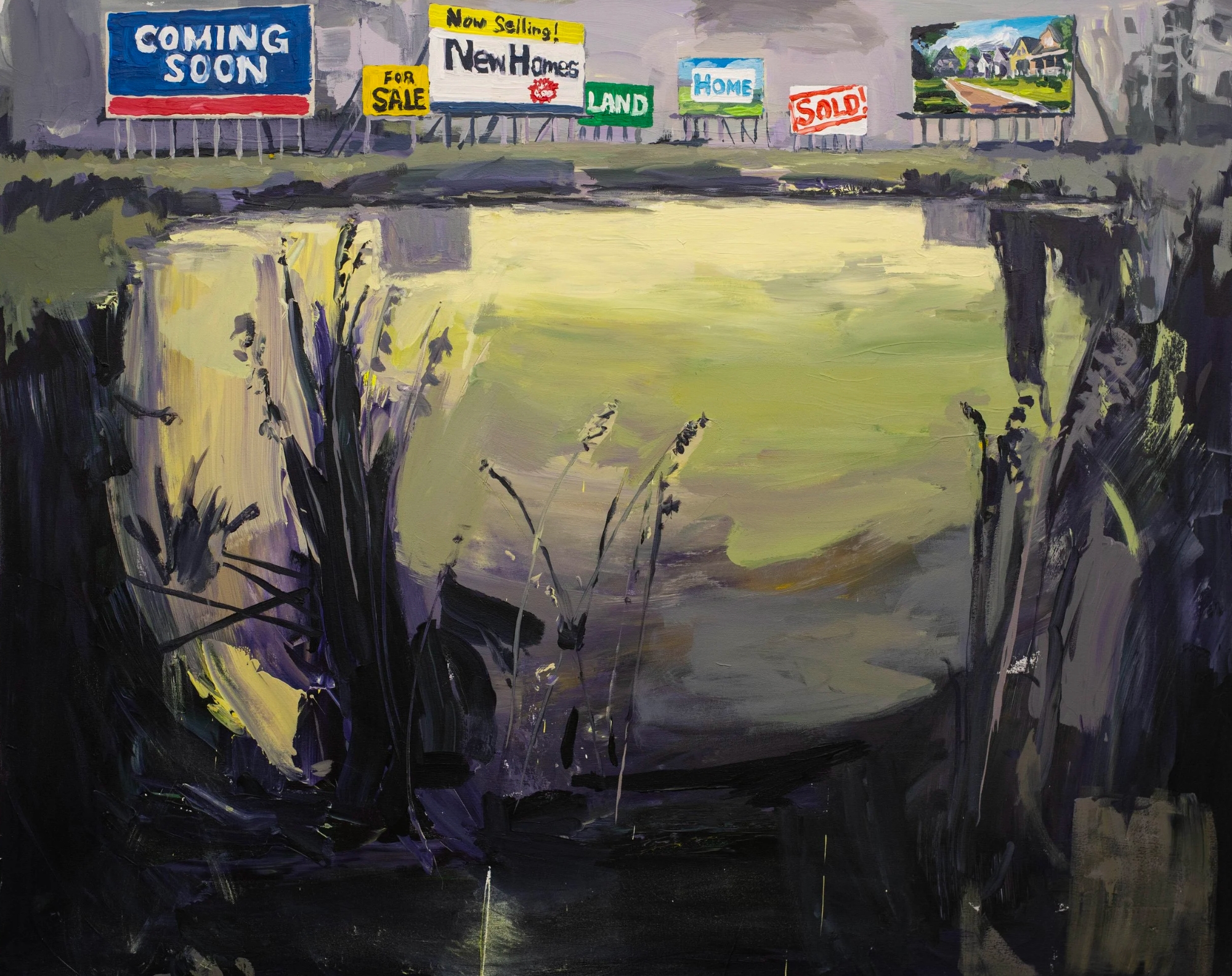 a painting by Jason Mitcham of a pond and billboards