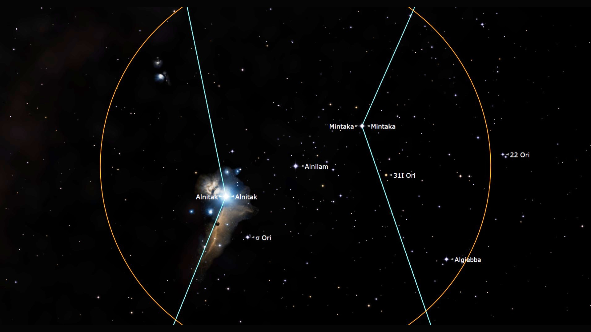 A starry dark space image with an orange circle in the center, encompassing a bright glow of nebula light with labeled stars like Alnitak visible