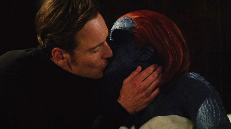 Michael Fassbender as Magneto kissing Jennifer Lawrence as Mystique in X-Men: Days of Future Past