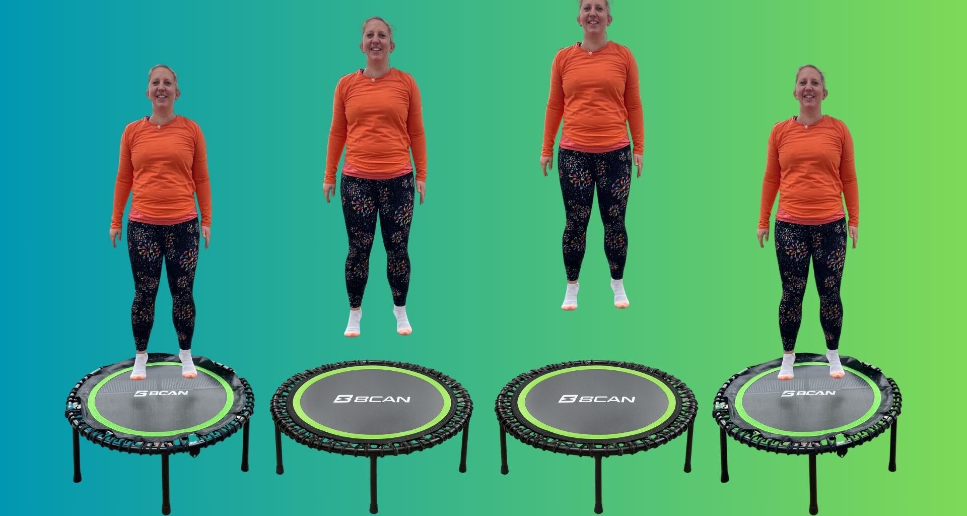 Four images of a woman bouncing on trampoline side by side on a blue-green color gradient background