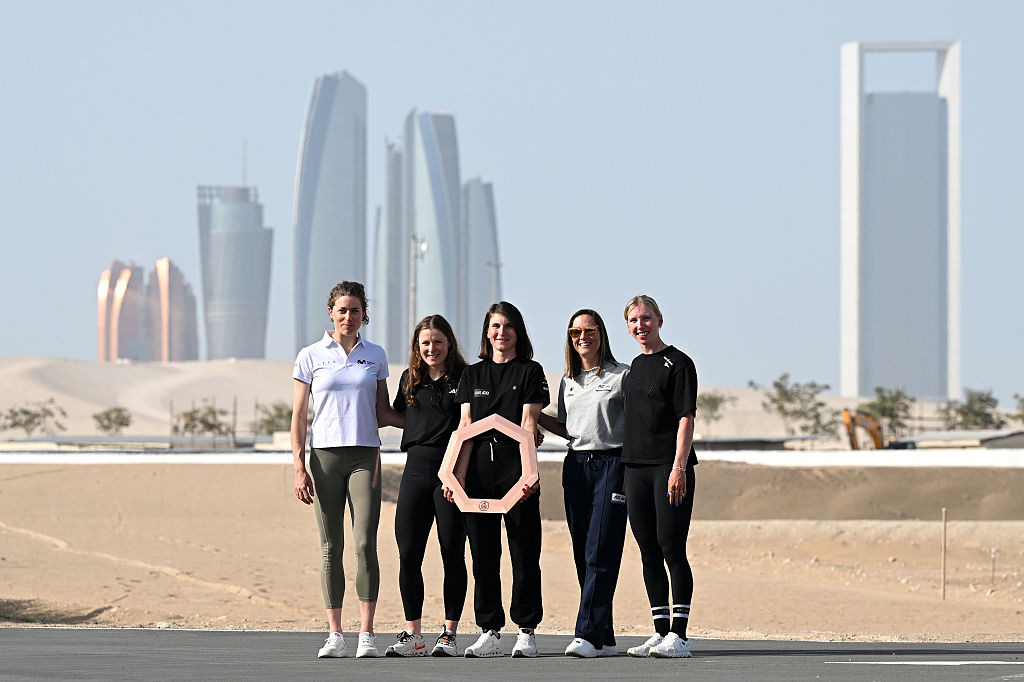 ABU DHABI, UNITED ARAB EMIRATES - FEBRUARY 04: Marlen Reusser of Switzerland and Movistar Team, Charlotte Kool of Netherlands and Team Fenix-Premier Tech, Elisa Longo Borghini of Italy and UAE Team ADQ, Kimberley (Le Court) Pienaar and Team Mauritius of AG Insurance - Soudal Team, Lorena Wiebes of The Netherlands and Team SD Worx - Protime during the Top Riders Press Conference prior to the 4th UAE Tour Women 2026 / #UCIWWT / on February 04, 2026 in Abu Dhabi, United Arab Emirates. (Photo by Tim de Waele/Getty Images)