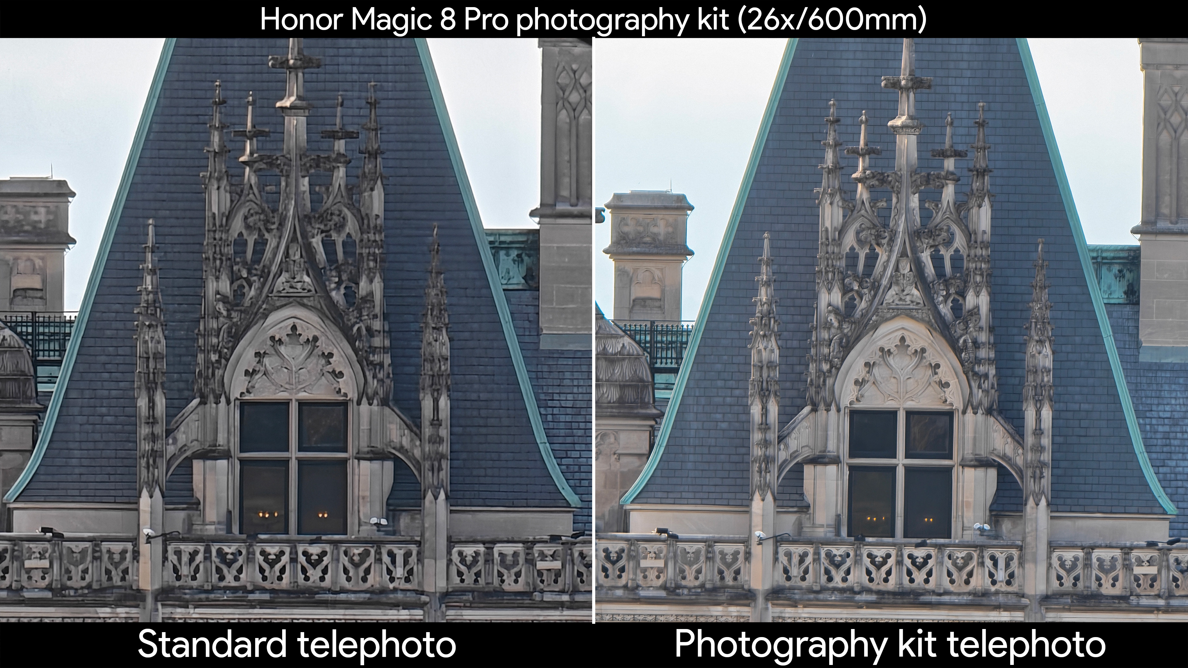 Comparing the Honor Magic 8 Pro's standard telephoto camera to the quality produced by the official photography kit's telephoto extender lens