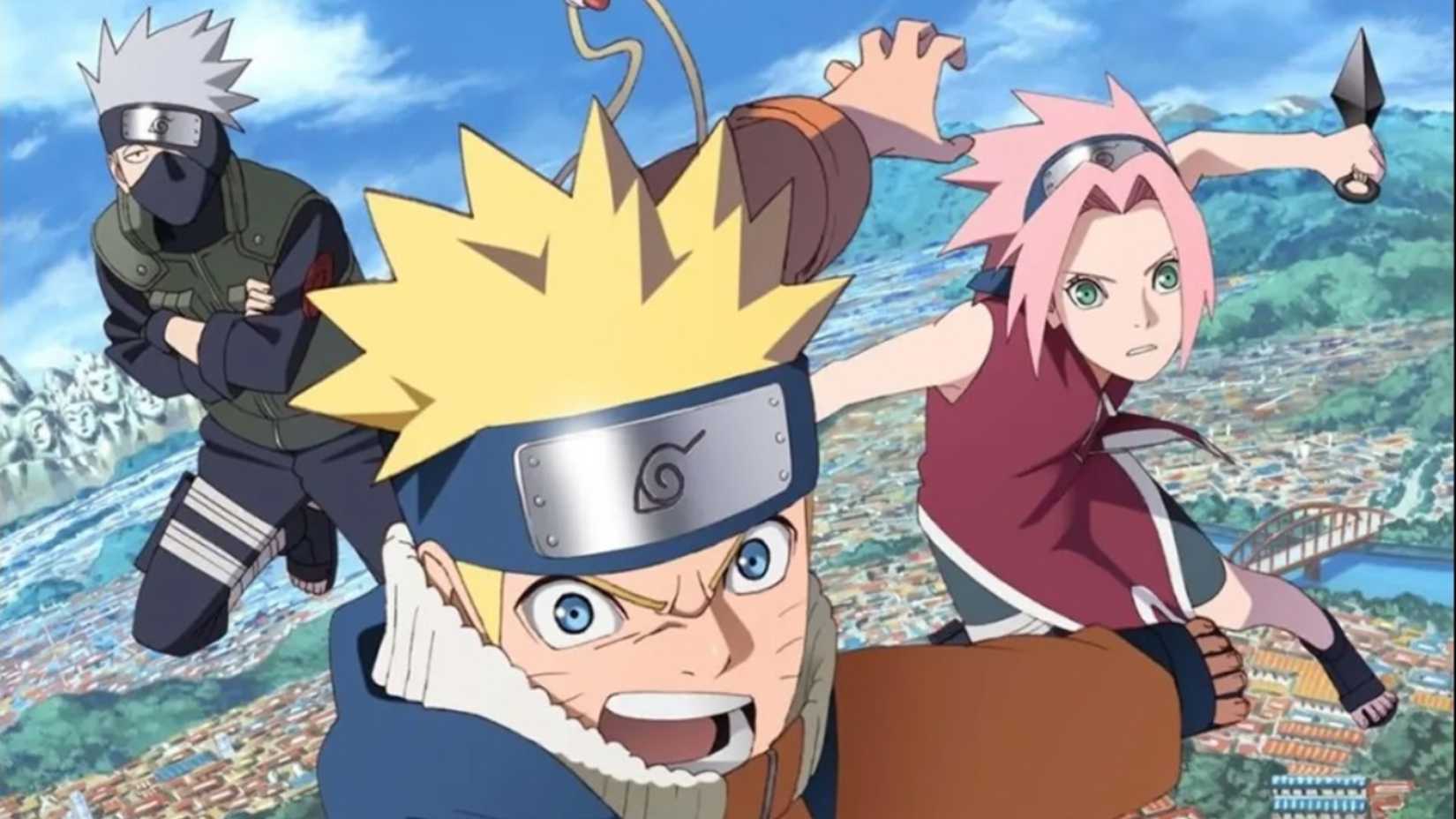 Naruto high up in the air, yelling with Sakura and Kakashi behind him.