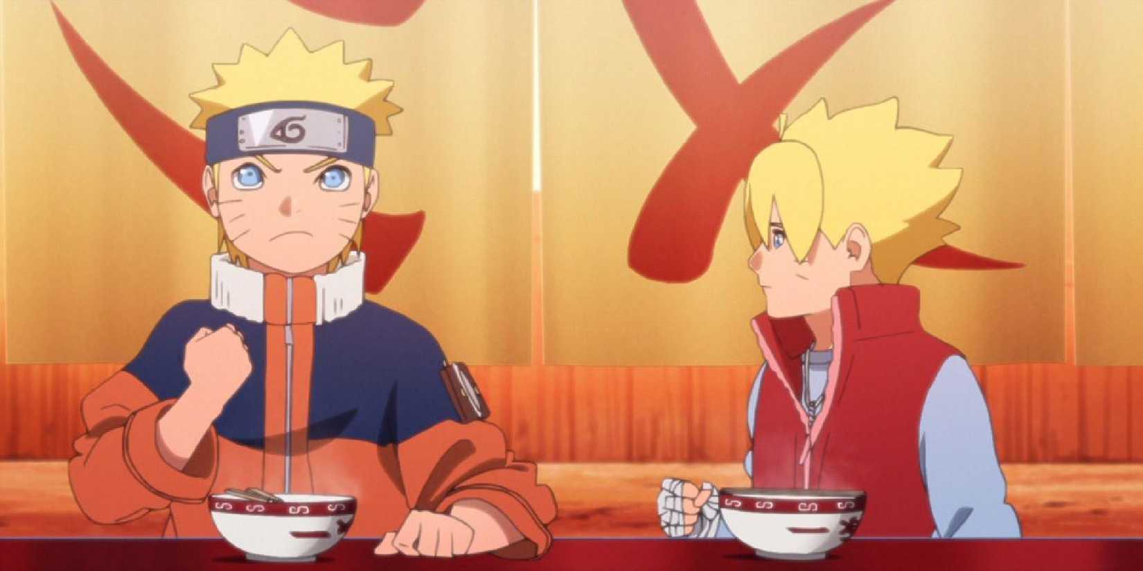 Naruto and Boruto eating ramen at Ichiraku ramen