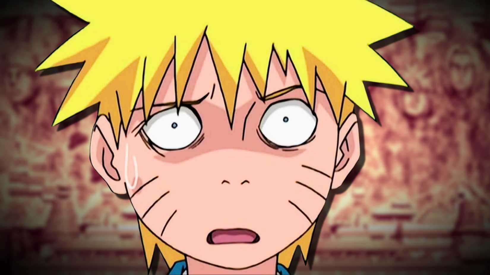 Naruto makes a surprised face over a red and slightly blurry image of Hokage Rock.