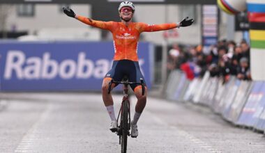 HULST, NETHERLANDS - FEBRUARY 01: Leonie Bentveld of Netherlands celebrates at finish line as race winner during 77th UCI Cyclo-Cross World Championships 2026 - Women&amp;apos;s U23 / #UCIWWT / on February 01, 2026 in Hulst, Netherlands. (Photo by Luc Claessen/Getty Images)