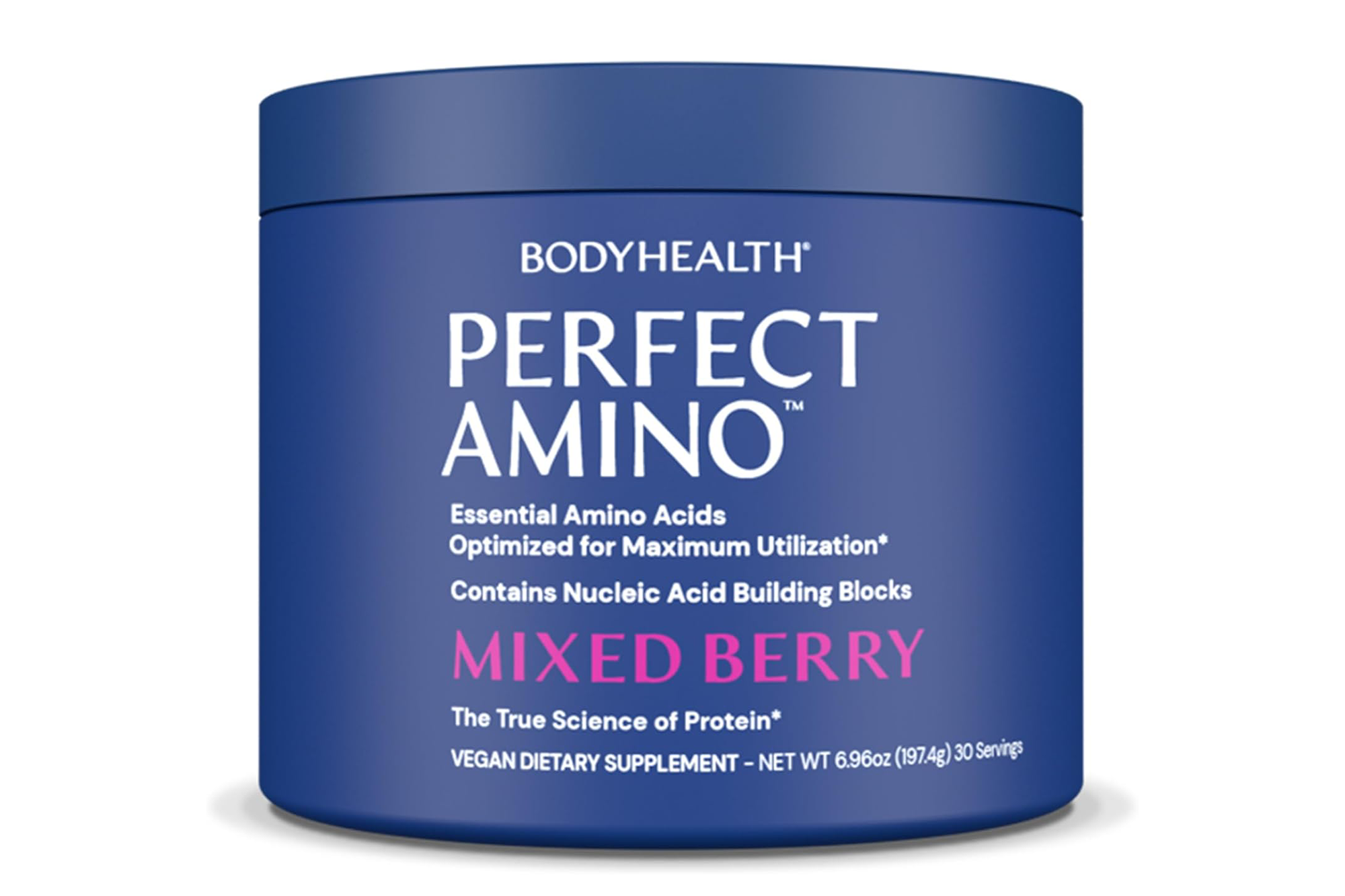 Bodyhealth Perfect Amino mixed berry flavored vegan dietary supplement.