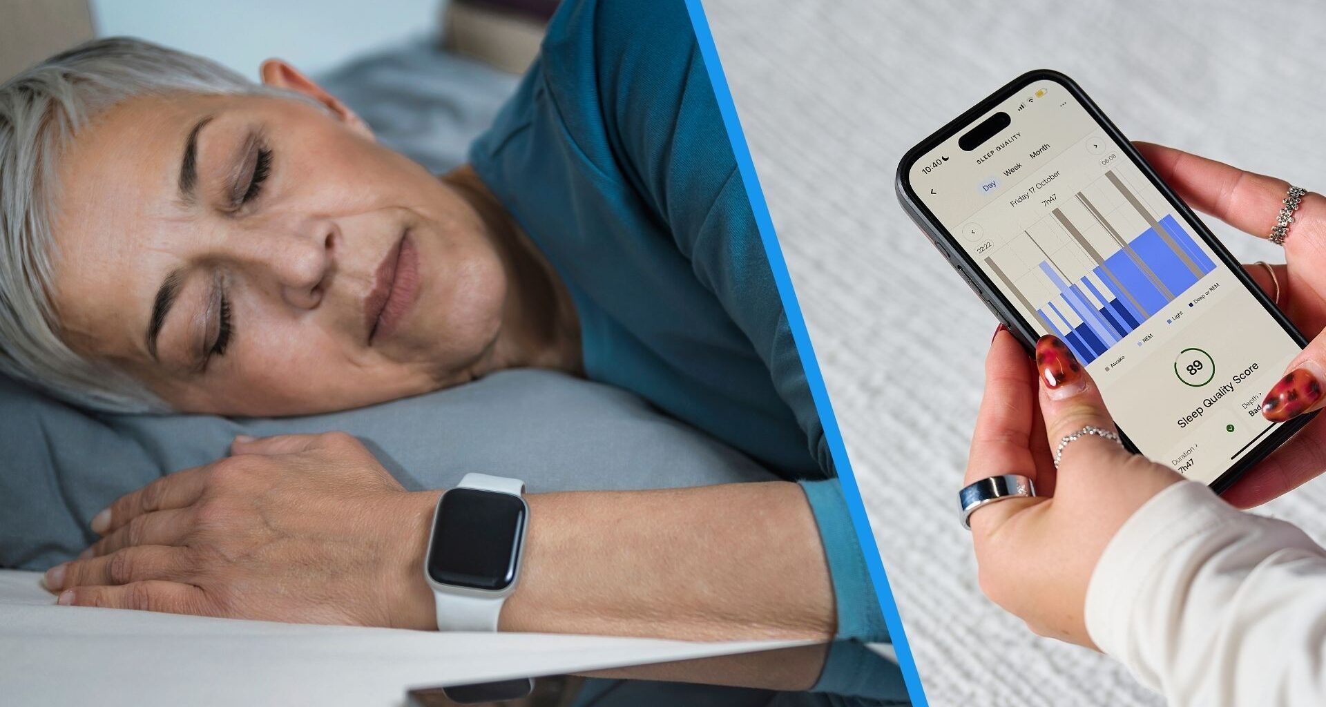 A split screen of two images. The left image shows a grey-haired mature woman sleeping while wearing a sleep tracker on her wrist. The right image shows a woman's hand looking at sleep-tracking metrics on her smartphone.