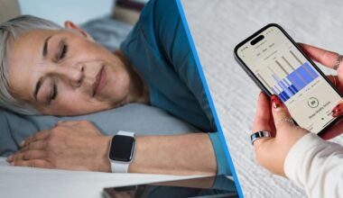 A split screen of two images. The left image shows a grey-haired mature woman sleeping while wearing a sleep tracker on her wrist. The right image shows a woman's hand looking at sleep-tracking metrics on her smartphone.