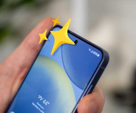 Phone screen with sparkle emoji.