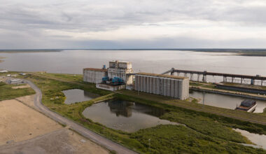 Overhead view of Port of Churchill including roads and rail tracks.