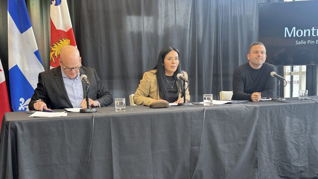 Montreal Mayor Soraya Martinez Ferrada at a press conference on homelessness