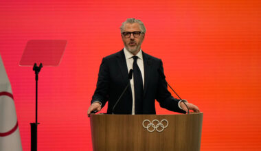 Casey Wasserman, Chairman of the Los Angeles Organizing Committee for the 2028 Olympic and Paralympic Games speaks during an IOC meeting ahead of the 2026 Winter Olympics, in Milan, Italy, Tuesday, Feb. 3, 2026. (AP Photo/Luca Bruno)