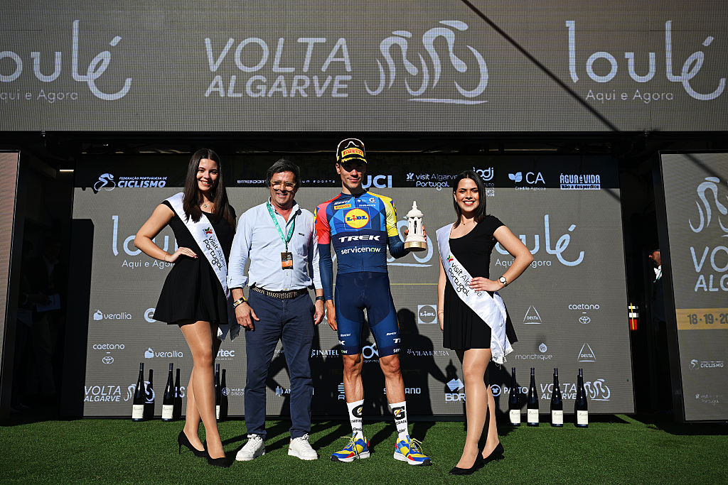 LOULE, PORTUGAL - FEBRUARY 22: Juan Ayuso of Spain and Team Lidl - Trek celebrates at podium as stage winner during the 52nd Volta ao Algarve em Bicicleta 2026, Stage 5 a 148.4km stage from Faro to Malhao - Loule 512m on February 22, 2026 in Loule, Portugal. (Photo by Dario Belingheri/Getty Images)
