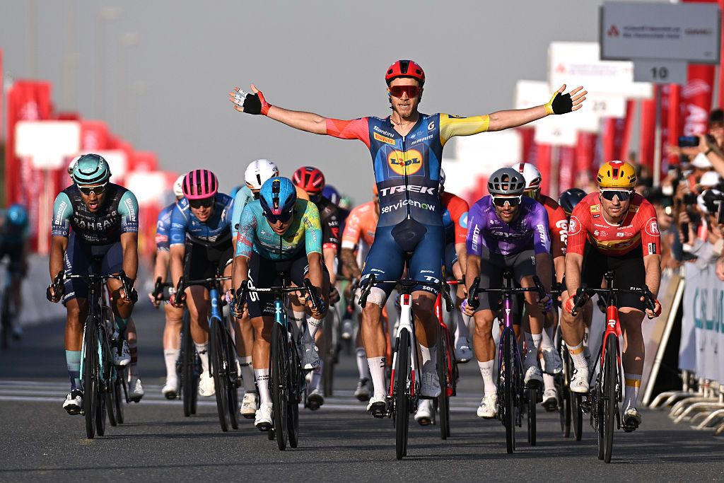 DUBAI, UNITED ARAB EMIRATES - FEBRUARY 20: Jonathan Milan of Italy and Team Lidl - Trek celebrates at finish line as stage winner ahead of Erlend Blikra of Norway and Team Uno-X Mobility, Matteo Malucelli of Italy and Team XDS Astana and Luka Mezgec of Slovenia and Team Jayco AlUla during the 8th UAE Tour 2026, Stage 5 a 168km stage from Dubai Al Mamzar Park to Hamdan Bin Mohammed Smart University / #UCIWT / on February 20, 2026 in Dubai, United Arab Emirates. (Photo by Tim de Waele/Getty Images)