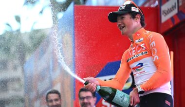 SAN VICENTE DEL RASPEIG, SPAIN - FEBRUARY 06: Andrew August of United States and Team INEOS Grenadiers celebrates at podium as stage winner during the 77th Volta Comunitat Valenciana 2026, Stage 3 a 158km stage from Orihuela to San Vicente del Raspeig 115m on February 06, 2026 in San Vicente del Raspeig, Spain. (Photo by Szymon Gruchalski/Getty Images)