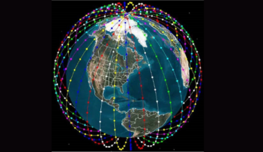 An illustration of a globe surrounded by various lines with dots of different colors engulfing the sphere against a black background
