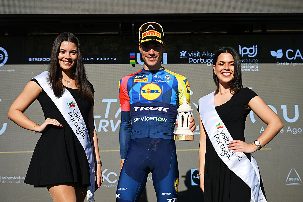 LOULE, PORTUGAL - FEBRUARY 22: Juan Ayuso of Spain and Team Lidl - Trek celebrates at podium as stage winner during the 52nd Volta ao Algarve em Bicicleta 2026, Stage 5 a 148.4km stage from Faro to Malhao - Loule 512m on February 22, 2026 in Loule, Portugal. (Photo by Dario Belingheri/Getty Images)