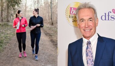 Two women walking along path in workout clothes and talking, Dr Hilary Jones
