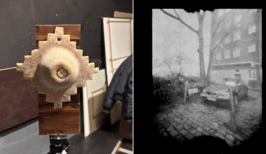 A handmade pinhole camera with a textured, geometric front stands on a tripod (left); a black-and-white photo taken with the camera shows a blurry street scene with a car, trees, and buildings (right).