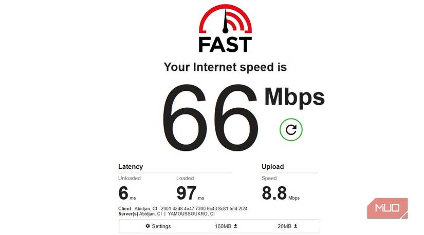 Running an internet speed test with Fast com