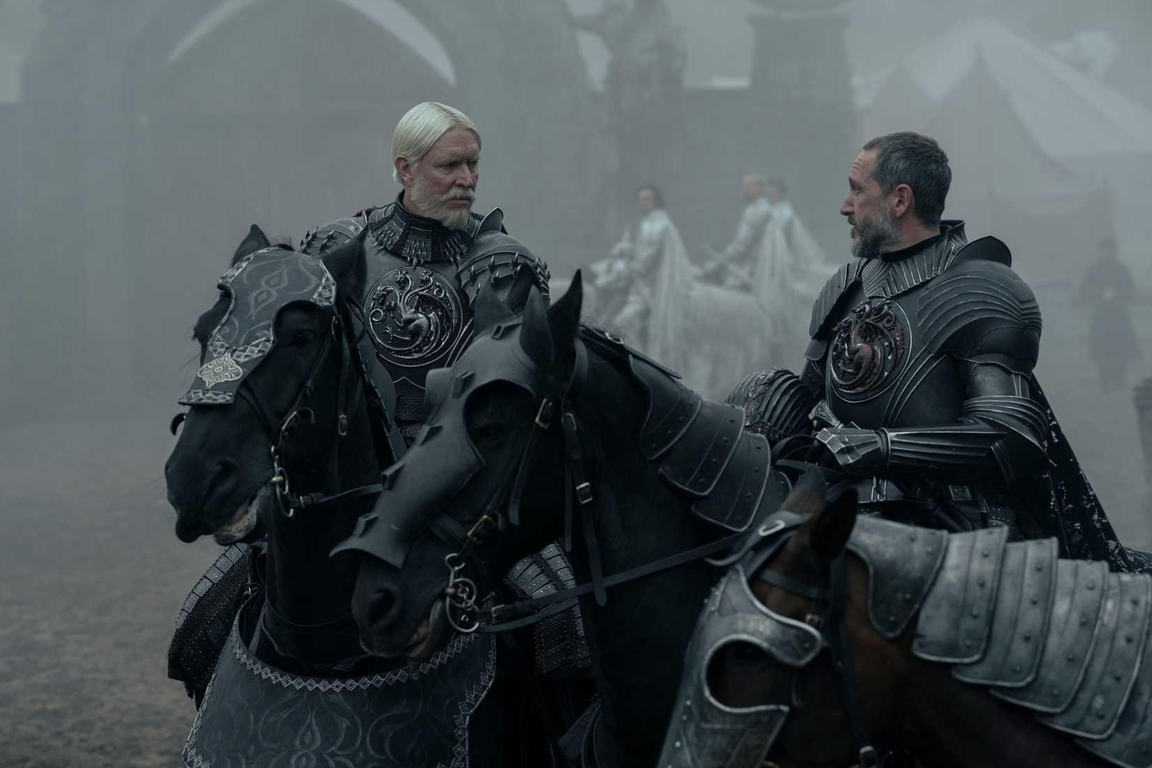 Baelor and Maekar Targaryen have a chat in armor on horseback in A Knight of the Seven Kingdoms