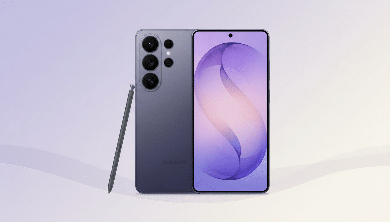 A purple Samsung smartphone with a stylus, presented on a professional flat design background with soft patterns and gradients.