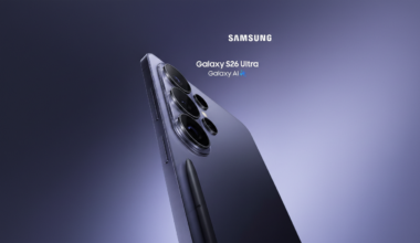 A Samsung Galaxy S26 Ultra phone in a purple hue, with its S Pen stylus, presented against a professional gradient background.