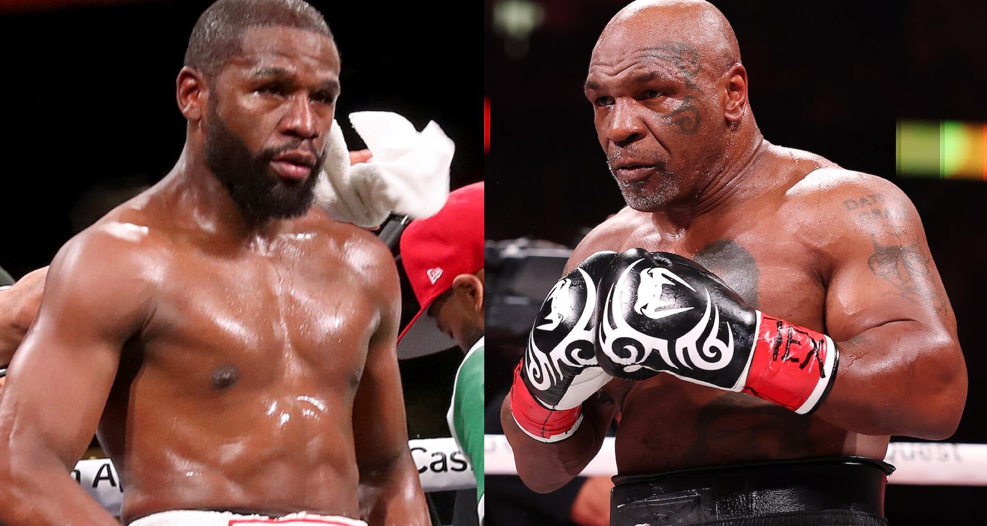 Boxers Floyd Mayweather and Mike Tyson in the ring, both in fighting stance, wearing boxing gloves and shorts.