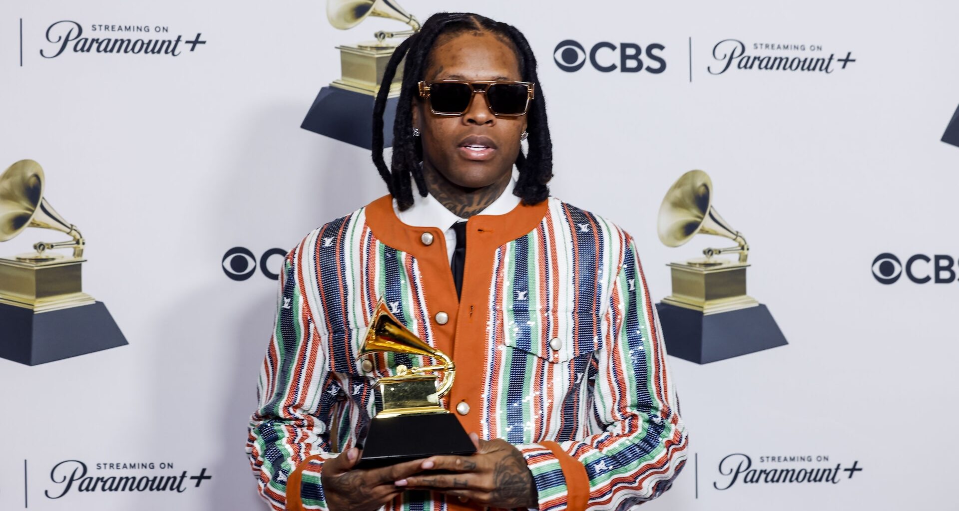 Los Angeles, CA - February 04: Winner Lil Durk, with trophy, for "All My Life," at the 66th Grammy Awards held at the Crypto.com Arena in Los Angeles, CA, Sunday, Feb. 4, 2024.