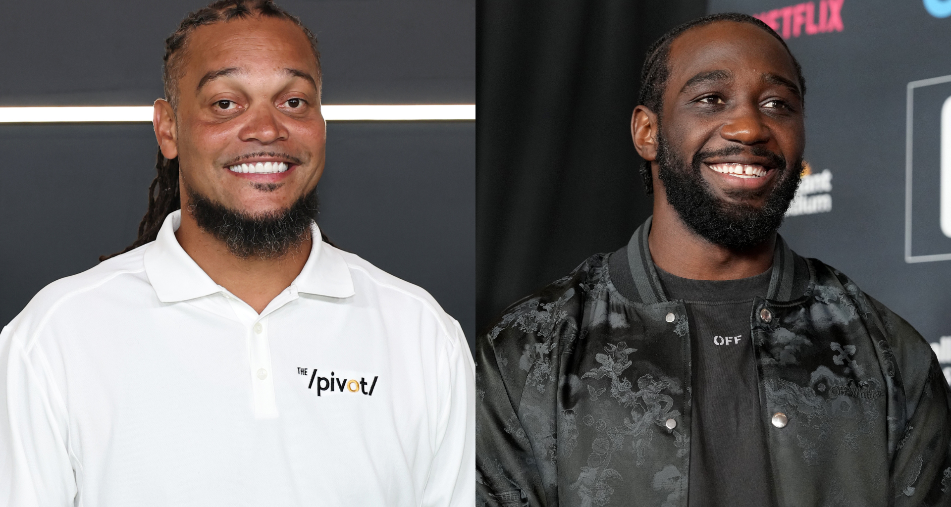 Channing Crowder on the left wears a white shirt with "The Pivot" logo, and Terence Crawford on the right wears a black jacket.