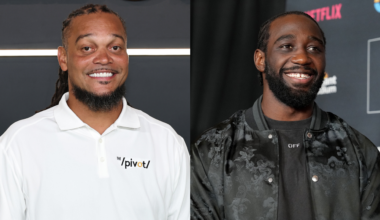 Channing Crowder on the left wears a white shirt with "The Pivot" logo, and Terence Crawford on the right wears a black jacket.