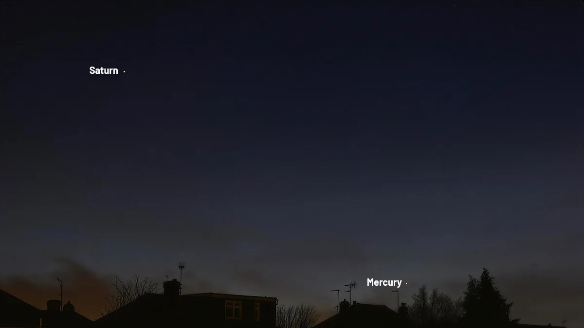 Saturn and Mercury, captured by James M., Rainham, Kent, UK, 22 February 2026, 18:30 UTC. Equipment: Panasonic DMC-TZ60 camera. Exposure: ISO-400, f/5.2, 4s. Software: Photoshop