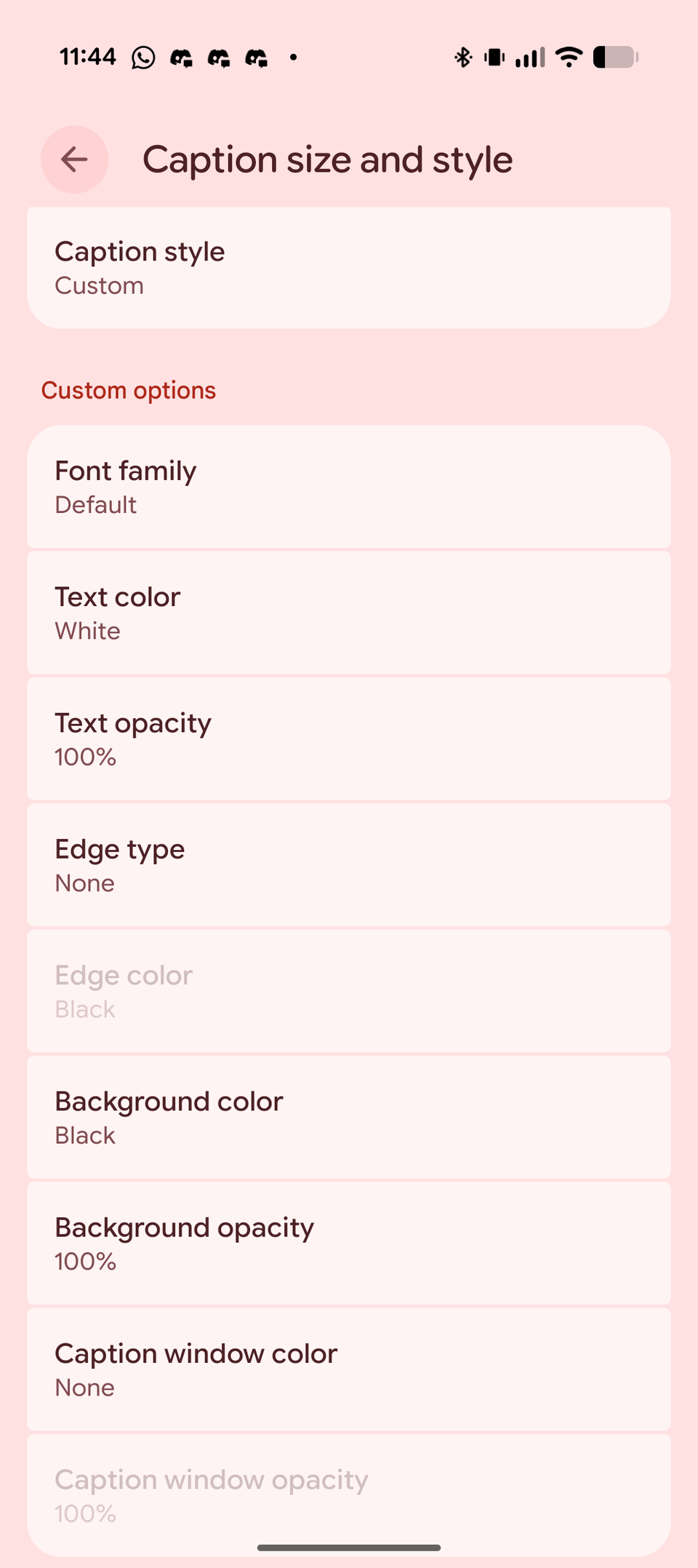 A screenshot displaying custom style options for Android's live caption