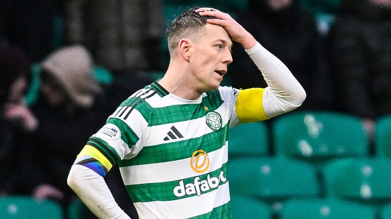 Callum McGregor reacts after Kai Andrews' late strike condemns Celtic to a 2-1 loss to Hibernian