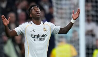 Real Madrid's Vinicius Junior celebrates after scoring his side's second goal during the second leg of the Champions League playoff soccer match between Real Madrid and Benfica in Madrid, Spain, Wednesday, Feb. 25, 2026. (AP Photo/Manu Fernandez)