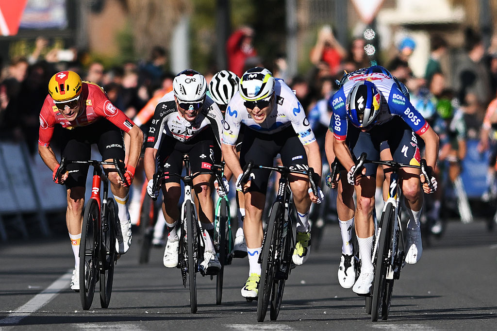 VALENCIA, SPAIN - FEBRUARY 08: (L-R) Sven Erik Bystrom of Norway and Team Uno-X Mobility, Adria Pericas of Spain UAE Team Emirates - XRG, Raul Garcia Pierna of Spain and Movistar Team and Emil Herzog of Germany and Team Red Bull - BORA - hansgrohe sprint at finish line to win during the 77th Volta Comunitat Valenciana 2026, Stage 5 a 94.7km stage from Betera to Valencia on February 08, 2026 in Valencia, Spain. (Photo by Szymon Gruchalski/Getty Images)