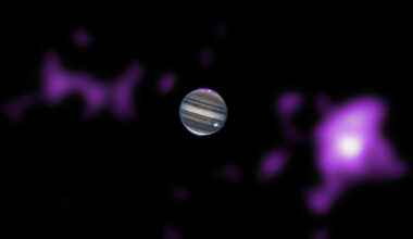 Three new Chandra sonifications of data of Jupiter, Saturn, and Uranus have been released. Planets and other Solar System bodies can reflect X-rays given off by the Sun, which Chandra can detect. Sonification is a process that translates data captured by Chandra and other telescopes into sound. In addition to X-rays from Chandra, these new sonifications contain data from Hubble, Cassini, and Keck telescopes. In this image, the amount of diffuse X-rays from a donut-shaped ring of energetic particles around Jupiter, seen on the left and right side of the planet, has been enhanced compared to the amount of X-rays from the planet's auroras, seen at the poles. As the scan moves left to right, it encounters X-rays that bracket the planet on either side, and this plays as woodwind sounds. As we pass over the planet itself, seen in an infrared image from NASA’s Hubble Space Telescope, the sounds become fuller as the infrared data is represented by other instruments. Since Jupiter is tilted slightly, the pitch descends as the scan passes over the bright band near the equator and through the Great Red Spot. On the other side, more X-ray data from Chandra flanks the planet and can be heard as gusty wind sounds at the end.