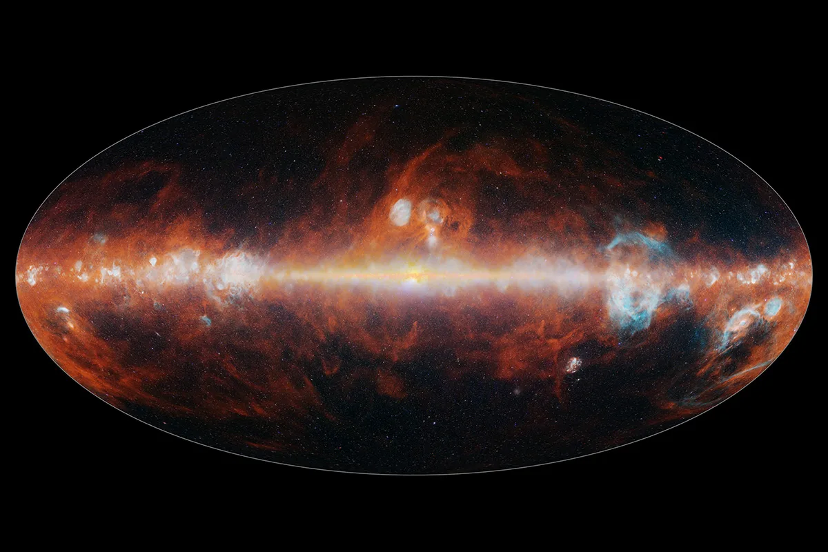 An all-sky map produced by NASA's SPHEREx mission, showing wavelengths of light emitted by red clouds of a type of cosmic dust known as polycyclic aromatic hydrocarbons and bubbles of hydrogen gas (blue). Both of these materials are a common ingredient in the formation of stars and planets. Credit: NASA/JPL-Caltech