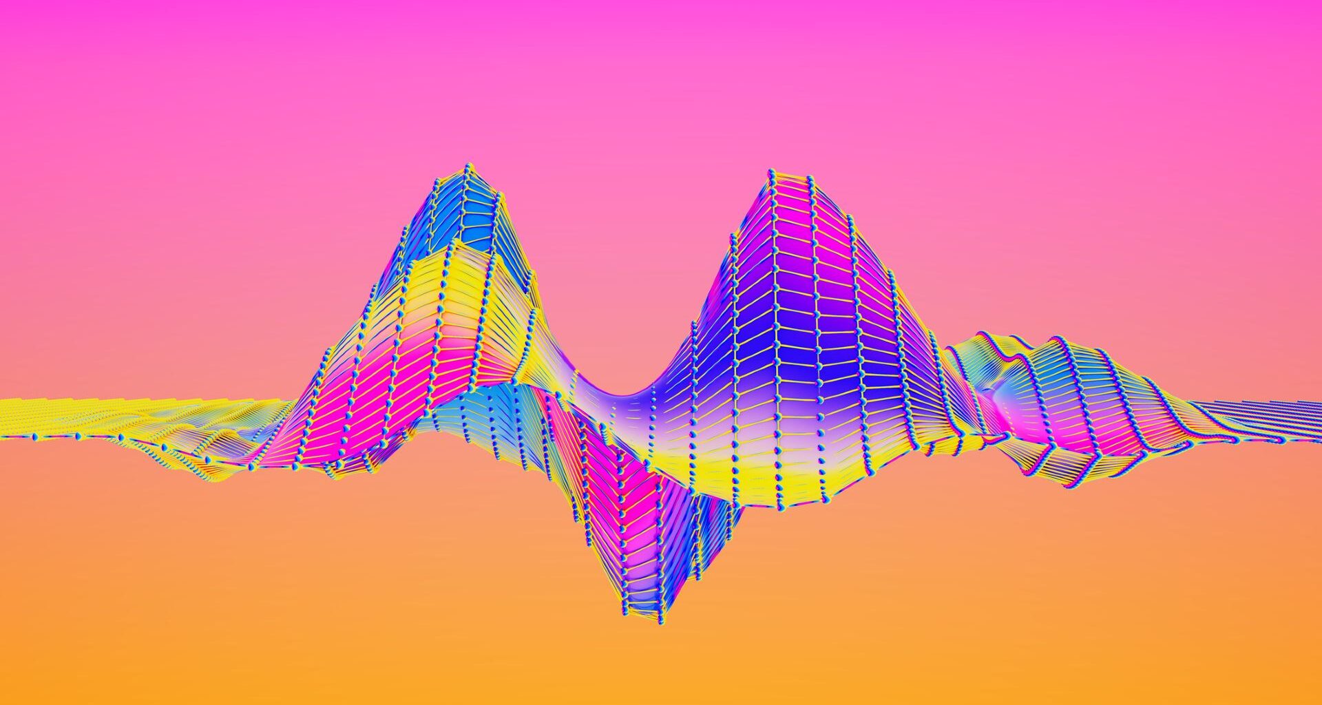 An illustration of a rainbow-colored sine wave with multiple peaks and troughs in front of a pink and orange background
