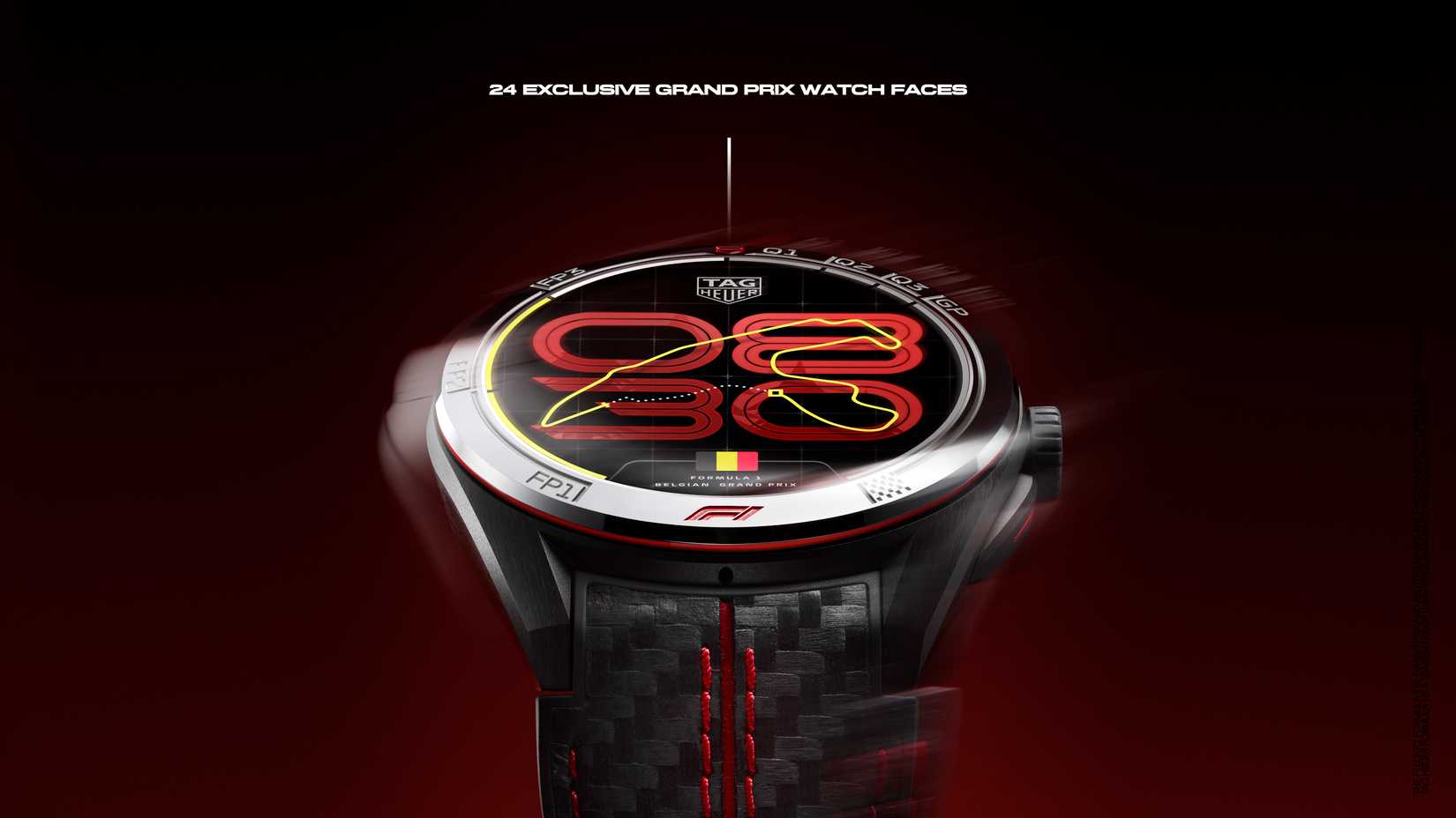 A promotional image of the Tag Heuer Connected Calibre E5 x Formula One