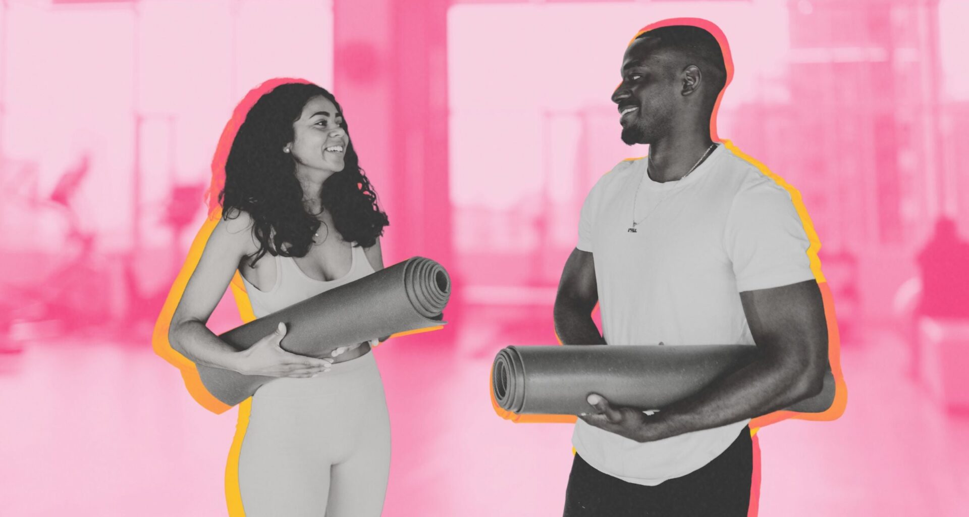 how to talk to your gym crush; a man and woman holding yoga mats flirting at the gym